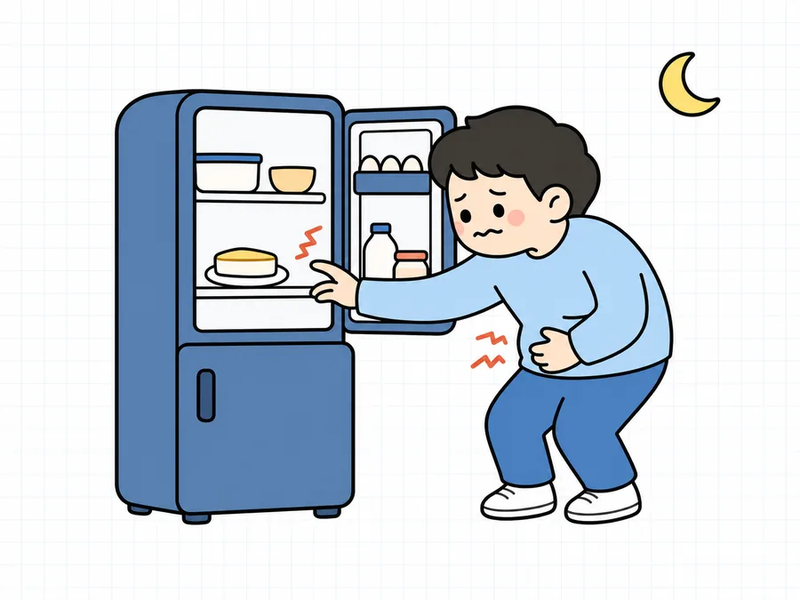 늦은 밤 냉장고를 열고 야식을 찾는 사람 일러스트