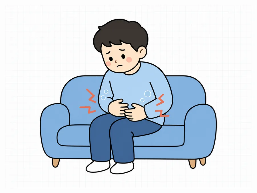 식사 후 배가 더부룩해 배를 감싸 쥔 사람 일러스트